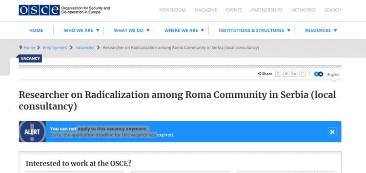 OSCE u Srbiji raspisao konkurs za “Istraživač radikalizacije među Romima”