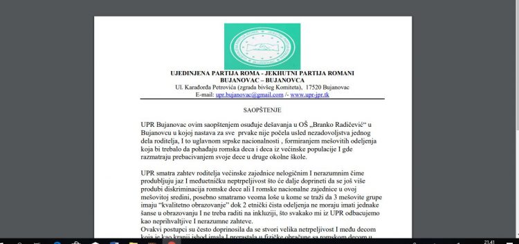 740 romske dece neće ići u OŠ”Branko Radičević” u Bujanovcu – kažu iz Ujedinjene Partije Roma