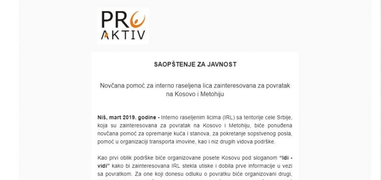 Novčana pomoć za interno raseljena lica zainteresovana za povratak na Kosovo i Metohiju